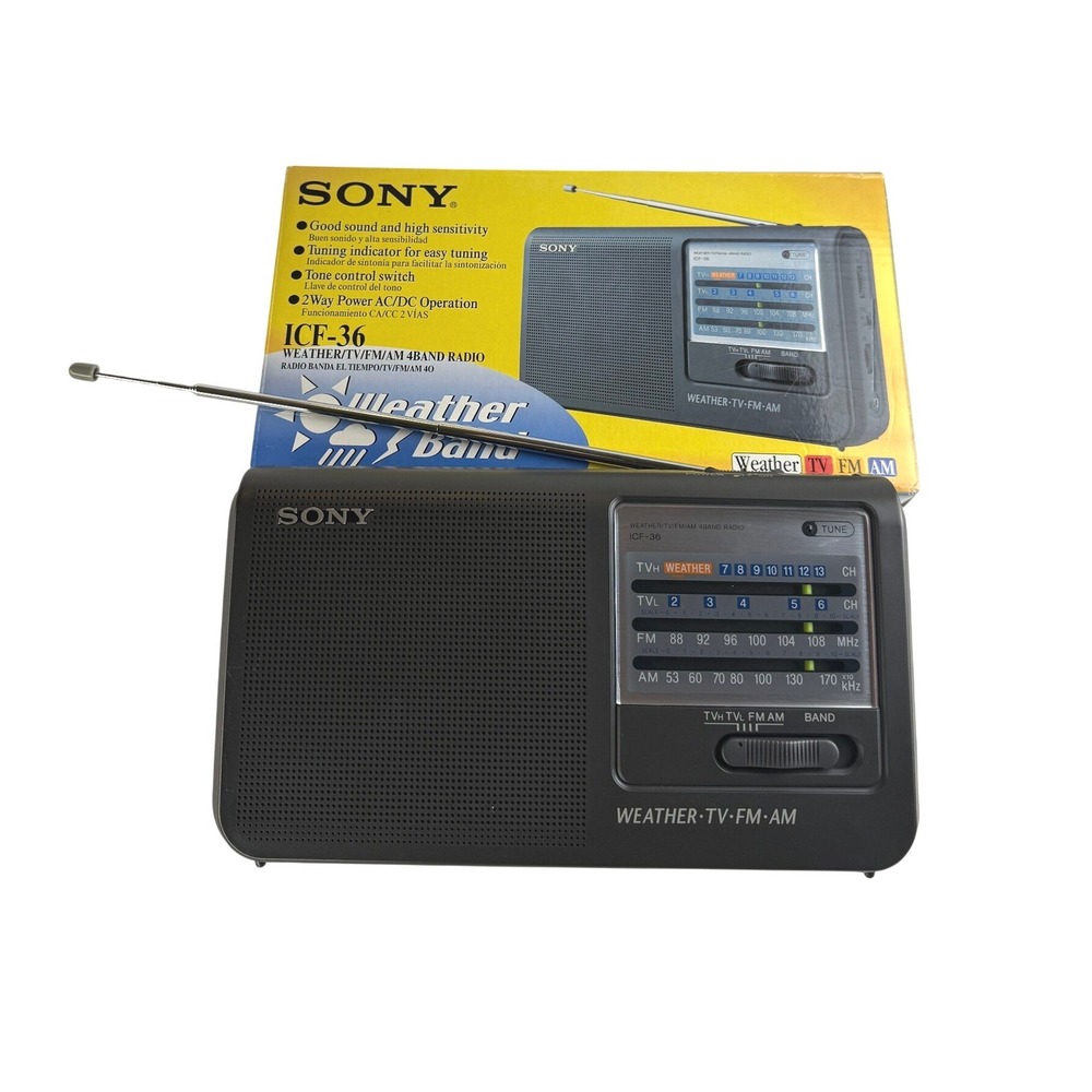 Sony ICF-36 Portable Radio Weather TV FM AM Gray Tone Control 5W Like New